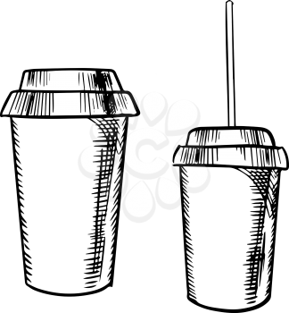 Takeaway cups for coffee and soda drinks with lids and drinking straw for fast food theme, sketch style