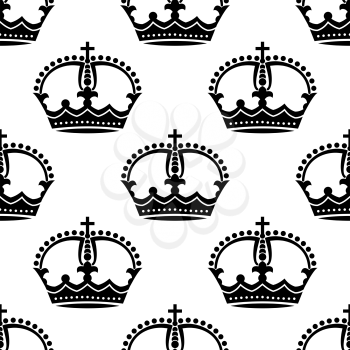 Black and white seamless pattern with medieval crowns, decorated by floral elements
