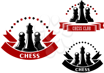 Chess club emblems showing black queens with pawns on both sides, supplemented by ribbon banners and chains of rhombuses
