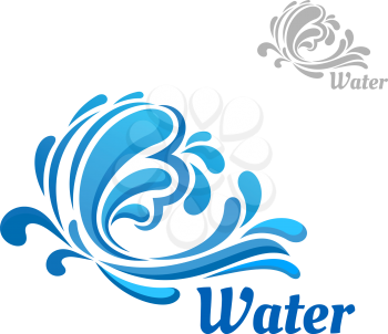 Blue wave emblem with water splashes and swirling drops isolated on white background with caption Water