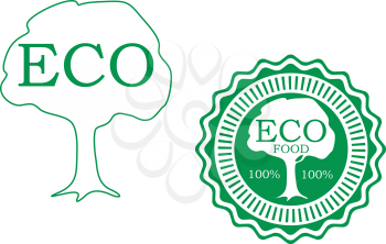 Eco food labels with green tree outline, text Eco and wavy seal with white silhouette of tree and caption Eco Food