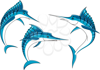 Ocean blue marlin fishes with shiny curved bodies and long bills, for fishing sport emblem or seafood design