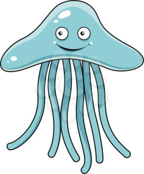 Blue jellyfish cartoon character with long tentacles and shy smile,  for underwater wildlife or mascot themes design