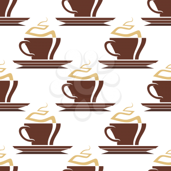 Brown cups of hot coffee seamless pattern on white background for fast food or cafe theme