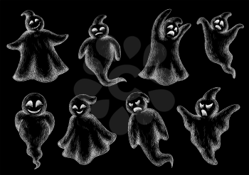 Different hand-drawn flying Halloween ghosts in white chalk on a blackboard, for holiday and party design