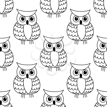 Seamless background pattern of a cute little black outline owl in a repeat motif in square format