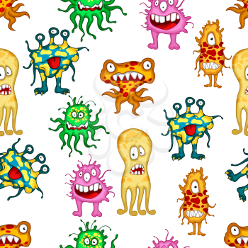 Cartoon colorful monsters and aliens with frightening expressions in a seamless background pattern