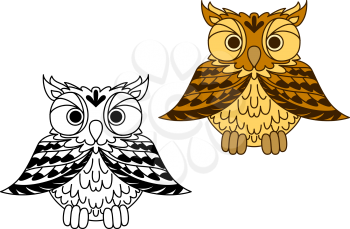 Cute little cartoon owl with outspread wings in a black and white and colored variation