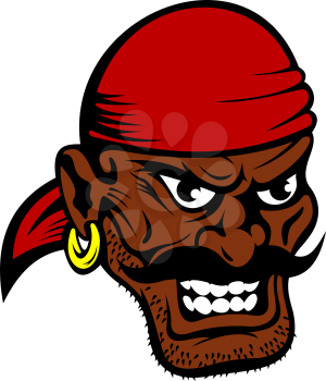 Fierce dark-skinned cartoon pirate wearing a red bandanna and earring in his ear with a black moustache and toothy evil grin