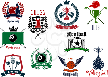 Various sports emblems and icons design emphasizing bowling and poolroom, billiards and chess, darts and basketball, volleyball, golf and football