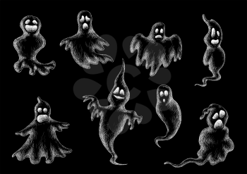 Halloween flying ghost sketches in chalk on a blackboard with outline shapes and expressions