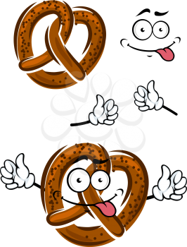Cartoon pretzel with a happy smiling face and waving arms, isolated on white. For bakery shop menu theme