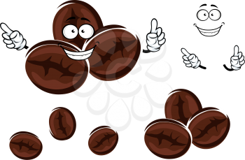 Happy cartoon brown coffee beans overlapping each other with a smiling face and arms. For food and drinks themes design