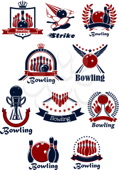 Bowling club emblems and icons with balls, ninepins, lanes and trophy, supplemented by laurel wreaths, ribbon banners, shield, stars, crowns and wings