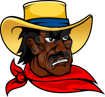 Moustached african american cowboy man in yellow hat and red neckerchief, for western or farming design, cartoon style 