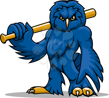 Athletic cartoon blue owl baseball player with wooden bat on shoulder, for sports team mascot or tattoo design