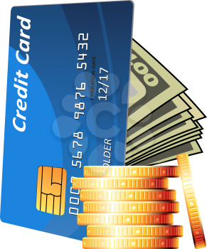 Blue credit card with dollar bills and stack of golden coins icon, for finance, investment or credit concept