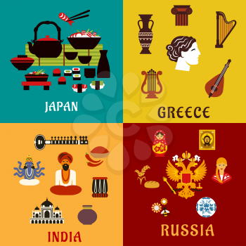 National culture, religion and cuisine of Japan, Russia, India and Greece flat icons showing ancient architecture, musical instruments, religious symbols, crafts and cuisine