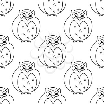 Retro stylized owls seamless pattern with funny birds in outline style on white background