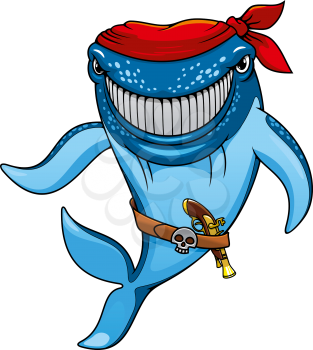 Smiling blue whale pirate cartoon character wearing in red bandanna and belt with jolly roger buckle and pistol, for mascot or childish design