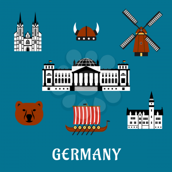 Germany travel concept with flat icons of bear, Reichstag building, gothic cathedral and castle, windmill, viking helmet with horns and longship drakkar