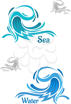 Big powerful ocean wave icons with curling blue water drops, captions Water and Sea. For nature, business or ecology theme