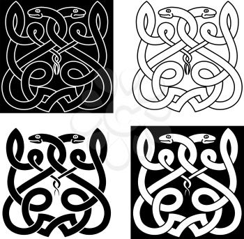Ethnic celtic snakes ornament with twisted reptiles, adorned by tribal elements. Monochrome style