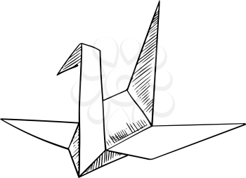 Origami paper model of a crane bird, sketch icon, isolated on white
