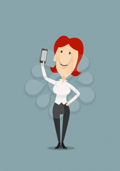 Smiling redhead businesswoman taking selfie portrait with smartphone, for social media or technology theme, cartoon flat style