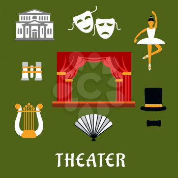 Theater and art flat icons of stage with red front curtain, drama and comedy masks, harp, theater building, dancing ballerina, opera glasses, hand fan and top hat with tie bow