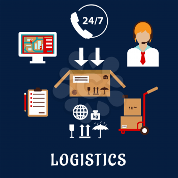 Logistics and shipping flat icons with call operator, 24 hours in 7 days customer service sign, monitor with navigation map, hand truck with boxes, packaging symbols, order list and delivery box