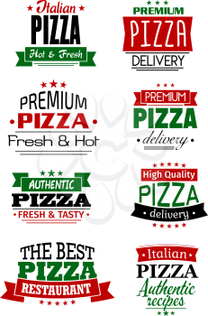Italian pizza restaurant headers, labels and banners in red, green and black colors, decorated by ribbon banners and stars with text Hot and Fresh, Delivery, Premium and The Best
