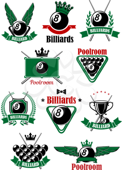 Billiards  or poolroom icons with billiard table, balls, cues and triangle rack, decorated by heraldic shield, wreaths, ribbon banners, crowns, wings and stars