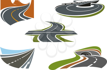 Crossroad, mountain road, highway tunnel, road bridge and modern speed freeway icons set, for transportation theme