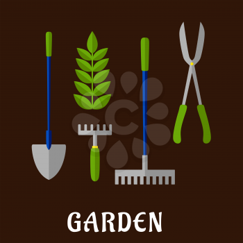 Gardening tools and items flat icons with shovel, hand fork, green plant, rake and bypass loppers with caption Garden below