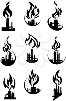 Industrial chemical plant and factory icons with black silhouettes of pipelines, towers and chimneys, fire flames. For gas and oil industry design