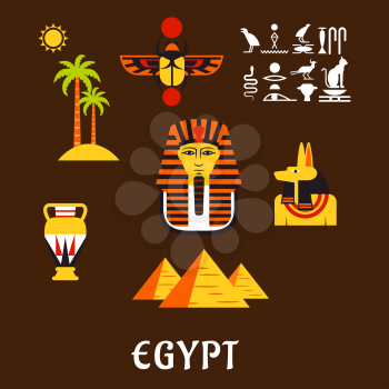 Egypt travel and culture flat icons with Giza pyramids, golden mask of pharaoh, ancient hieroglyphics, scarab amulet, anubis god, amphora and nature landscape of palm trees with sun