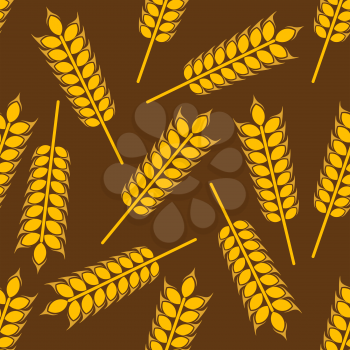 Ripe wheat ears seamless pattern with yellow grains randomly scattered on brown background. For agriculture or harvest themes