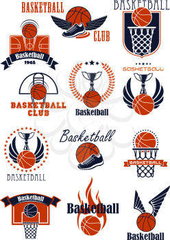 Basketball sport game icons with items. Balls, shoes and trophies, supplemented by baskets, backboards, court, wings, flame, stars, shield and ribbon banners elements