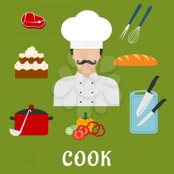 Cook profession flat icons with man in chef hat and tunic, bread, beef steak, pot with ladle, tiered cake, sliced fresh vegetables, chopping board with knives, whisk and fork
