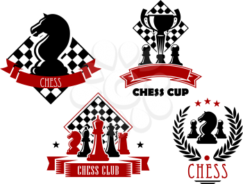 Chess club and tournament cup icons with king, queen, bishop, knight, rook and pawn pieces, trophy cup and chessboards, framed by laurel wreath, ribbon banners and stars 