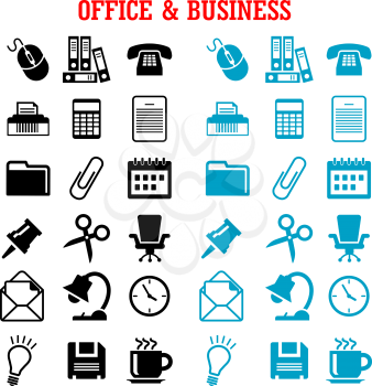 Business and office flat icons with blue and black light bulb, phone, calendar, calculator, mouse, mail, folders, documents, clock, coffee, chair, shredder, scissors, lamp, pin, clip