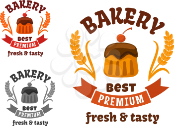 Premium bakery or pastry shop sign with chocolate cupcake, frosting and cocktail cherry, supplemented by wheat ears and ribbon banner