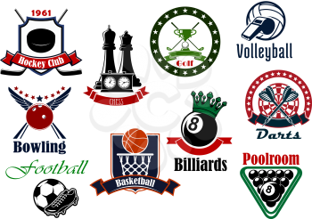 Sport icons with football, soccer, ice hockey, basketball, volleyball, golf, billiards, darts, chess and bowling game items