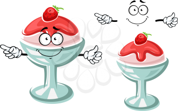 Delicious cartoon sundae ice cream dessert character in glass with fruity sauce and fresh strawberry. For dessert menu theme