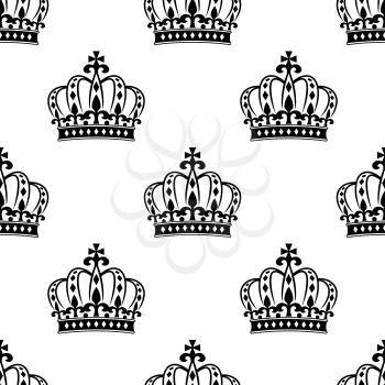 Seamless vintage royal crowns pattern with floral elements on white background. For textile or interior design