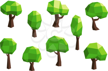 Abstract polygonal green tree icons set with rounded green crowns, 3D style. For ecology or nature themes