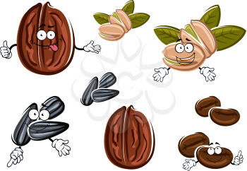 Healthful funny walnut, pistachio, sunflower seeds and coffee beans cartoon characters, isolated on white