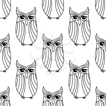 Forest eagle owls seamless pattern background in outline  style, for nature or Halloween theme