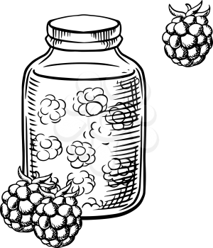 Homemade sweet raspberry jam in a glass jar with fresh raspberry fruits, for agriculture harvesting design. Sketch image